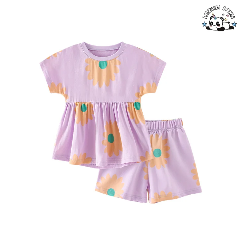 LEZONKIDS - New Arrivals Children Short Sleeve Shorts with Round Neck Flowers Print Sets for Children